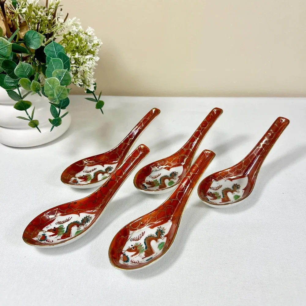 Vintage Japanese Porcelain Dragon Soup Spoons | Set of 5